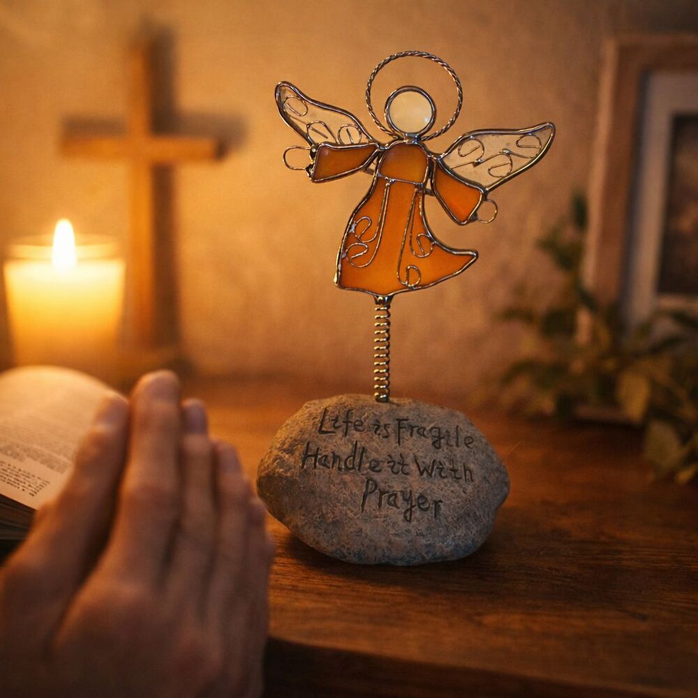 Stained Glass Angel Figurine Spring Wobble Prayer Decor Textured Stone Base